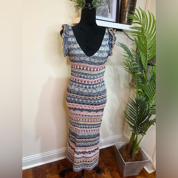 ZARA RUFFLED POINTELLE KNIT BODYCON MIDI DRESS MULTICOLORED Small - Picture 2 of 12